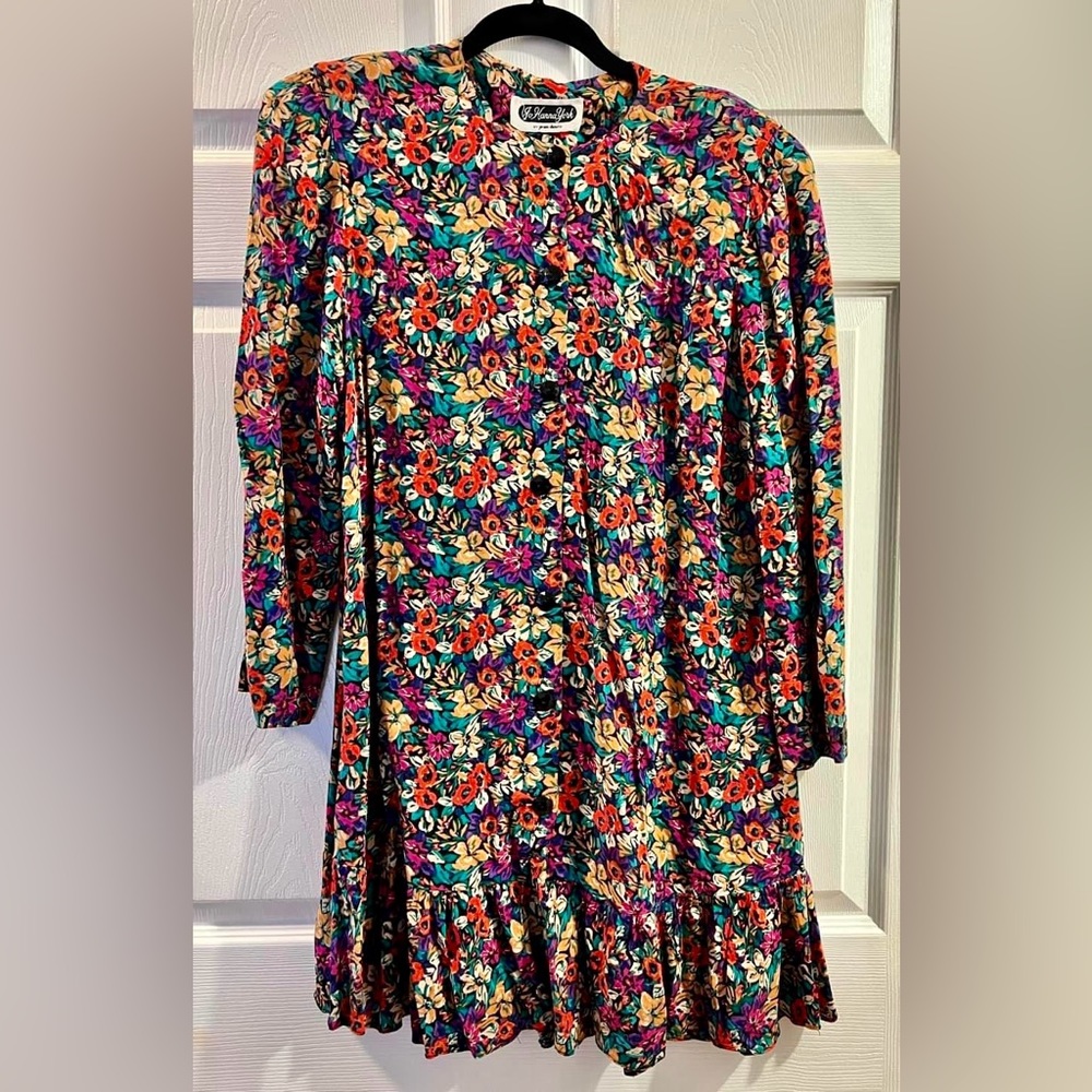 Flowered long sleeve mini with shoulder pads
